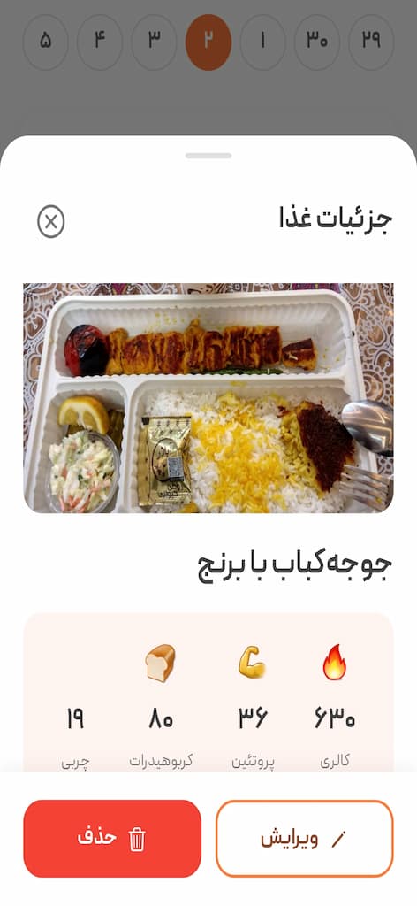 محیط کاربری اپلیکیشن کالری شمار پرتقال در حال تشخیص غذای ایرانی-3